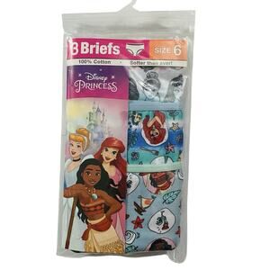 Disney Princess Girls Briefs Size 6 100% Cotton Underwear Cinderella Ariel 3Pack